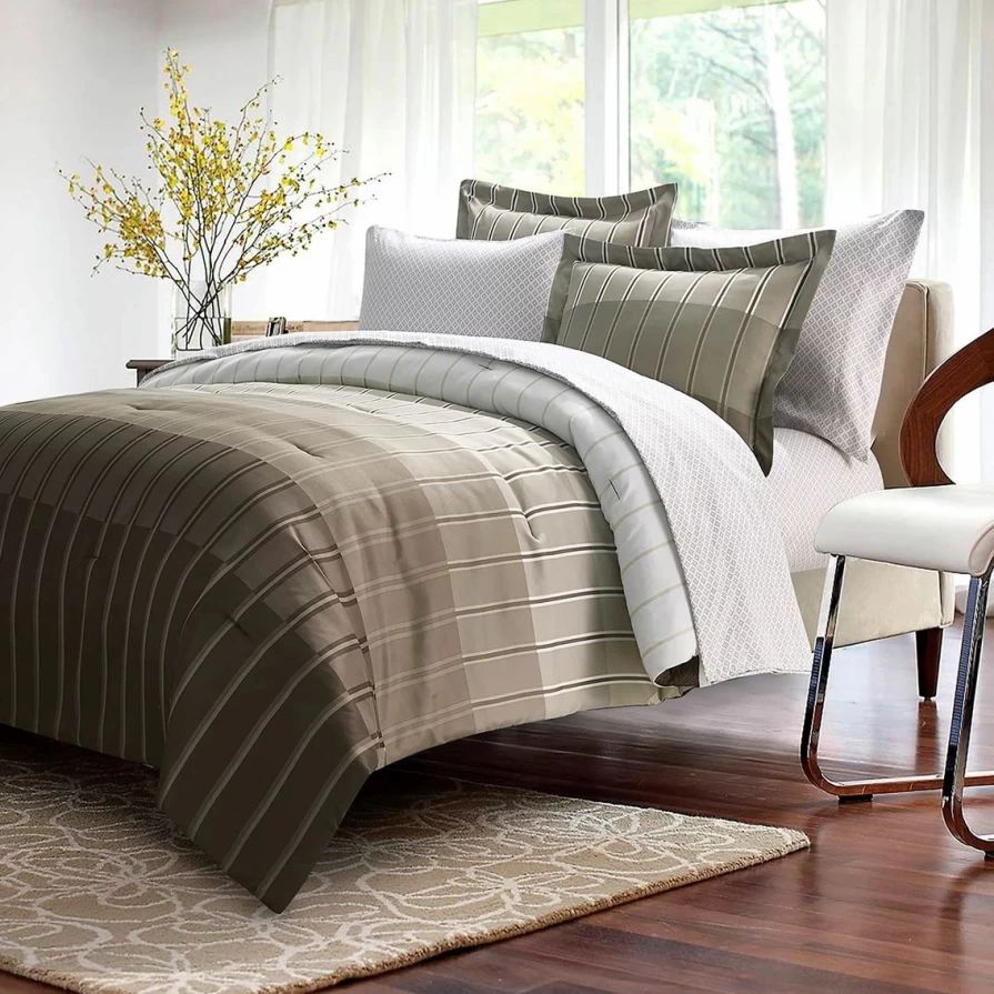 "Brown Ombre Stripe Bed In A Bag Set - Complete Comforter Set with Coupon Design"