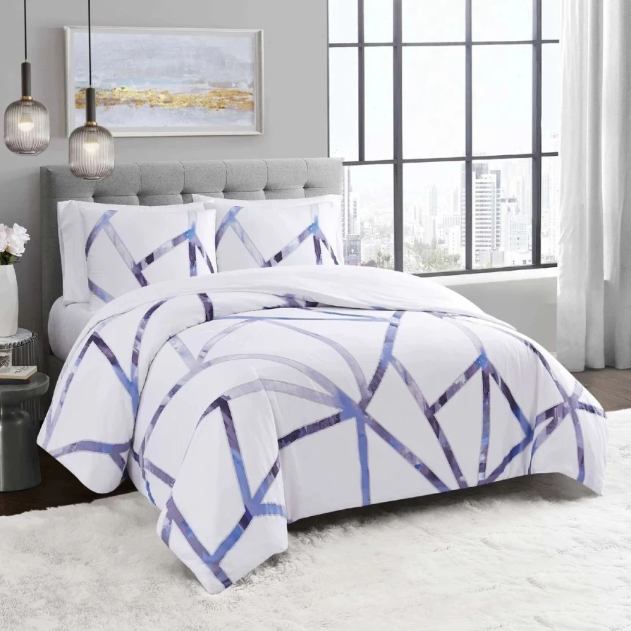 Vince Camuto Obelis Metallic 3-Piece Duvet Cover Set in White & Blue - Luxury Bedding Collection