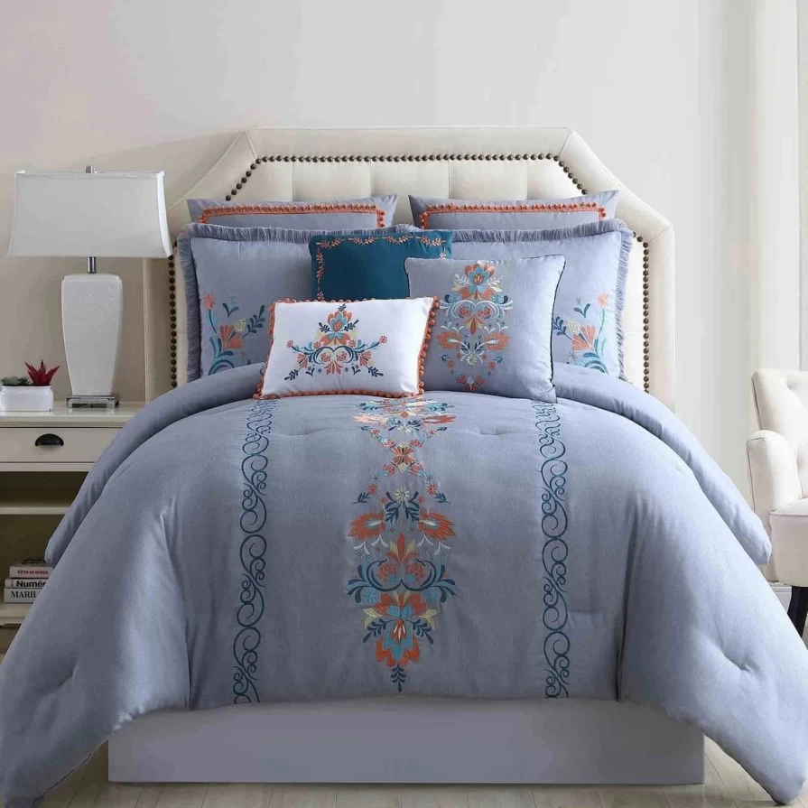 "Modern Frida Embroidered Comforter Set - Boho Chic Bedding Collection"