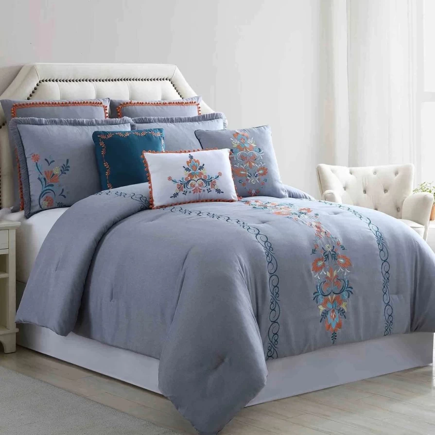 "Modern Frida Embroidered Comforter Set - Boho Chic Bedding Collection"