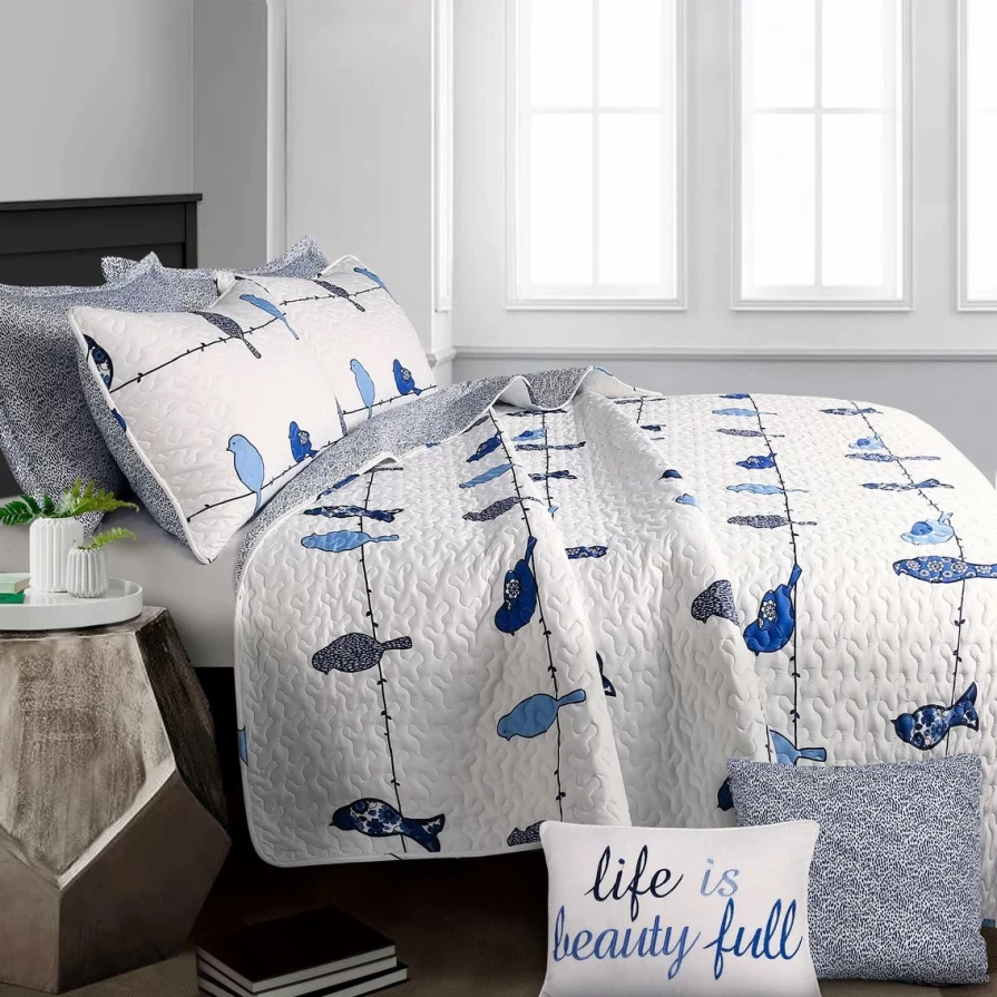 Lush Decor Rowley Birds 7-Piece Quilt Set in Navy - Brand New Bedding Collection
