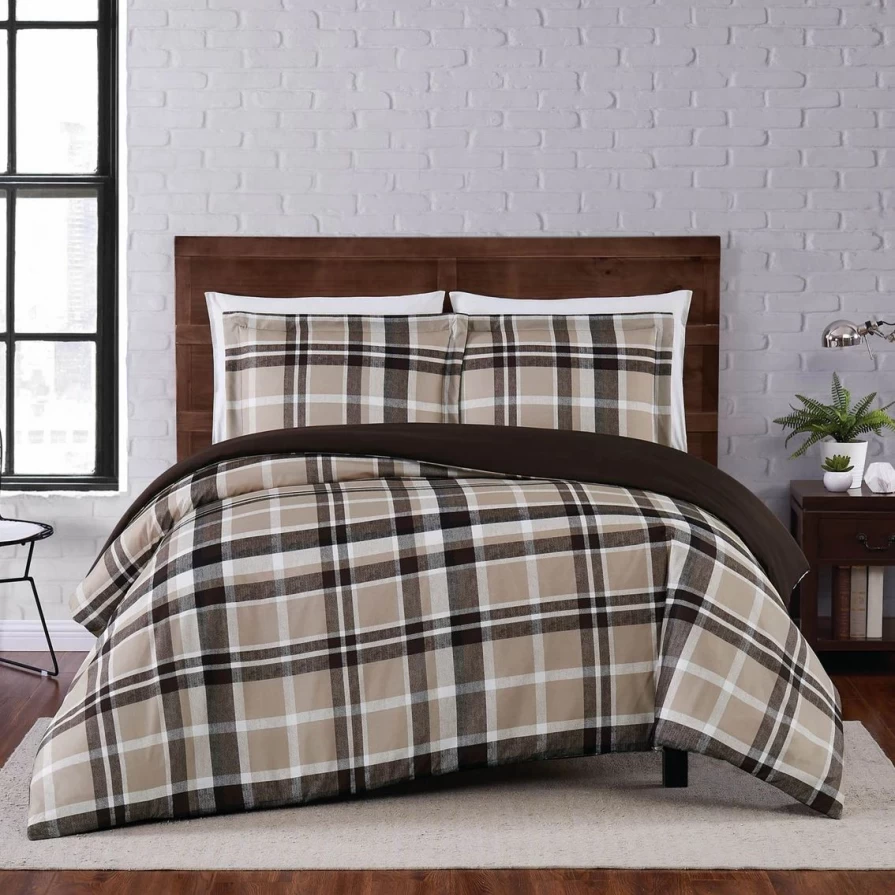 "Soft Taupe Plaid 3-Piece Duvet Cover Set - Cozy Bedding with Discount"