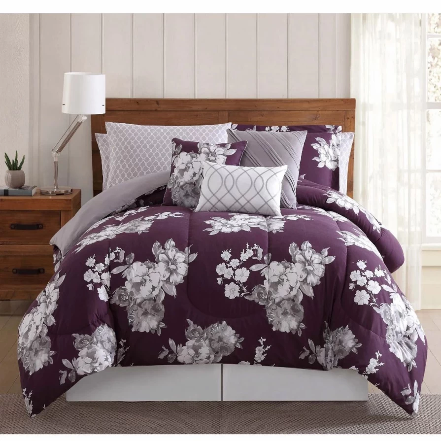 "Peony Garden Floral Purple 12-Piece Queen Bedding Set - Floral Print Comforter & Sheet Ensemble"
