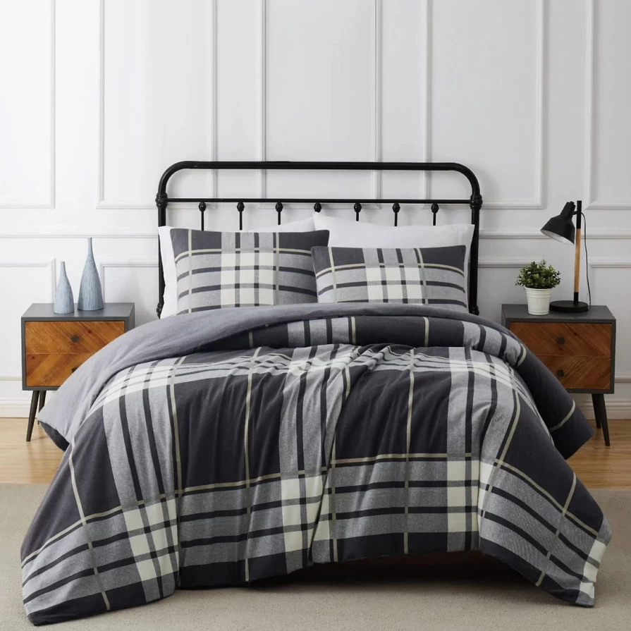 Grey Milo Plaid Flannel Comforter Set - Ultra Soft & Cozy Bedding Collection