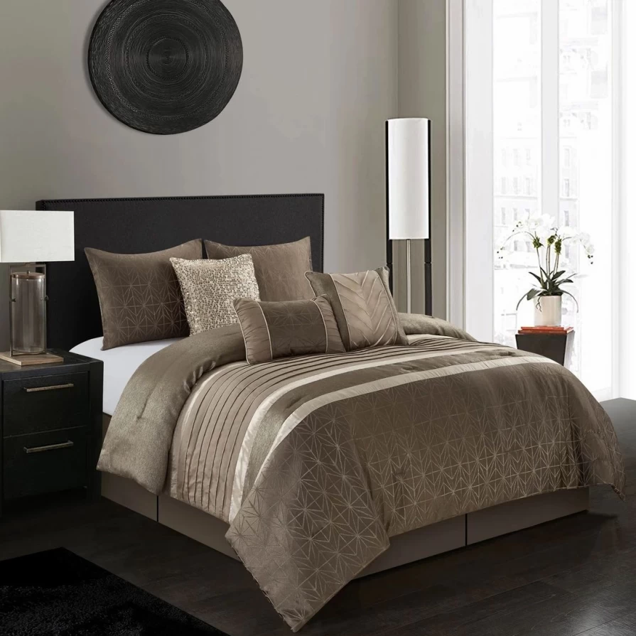 "Modern Geometric Comforter Set - 6 Piece Bedding Set in Beige & Taupe, Grand Avenue Collection"