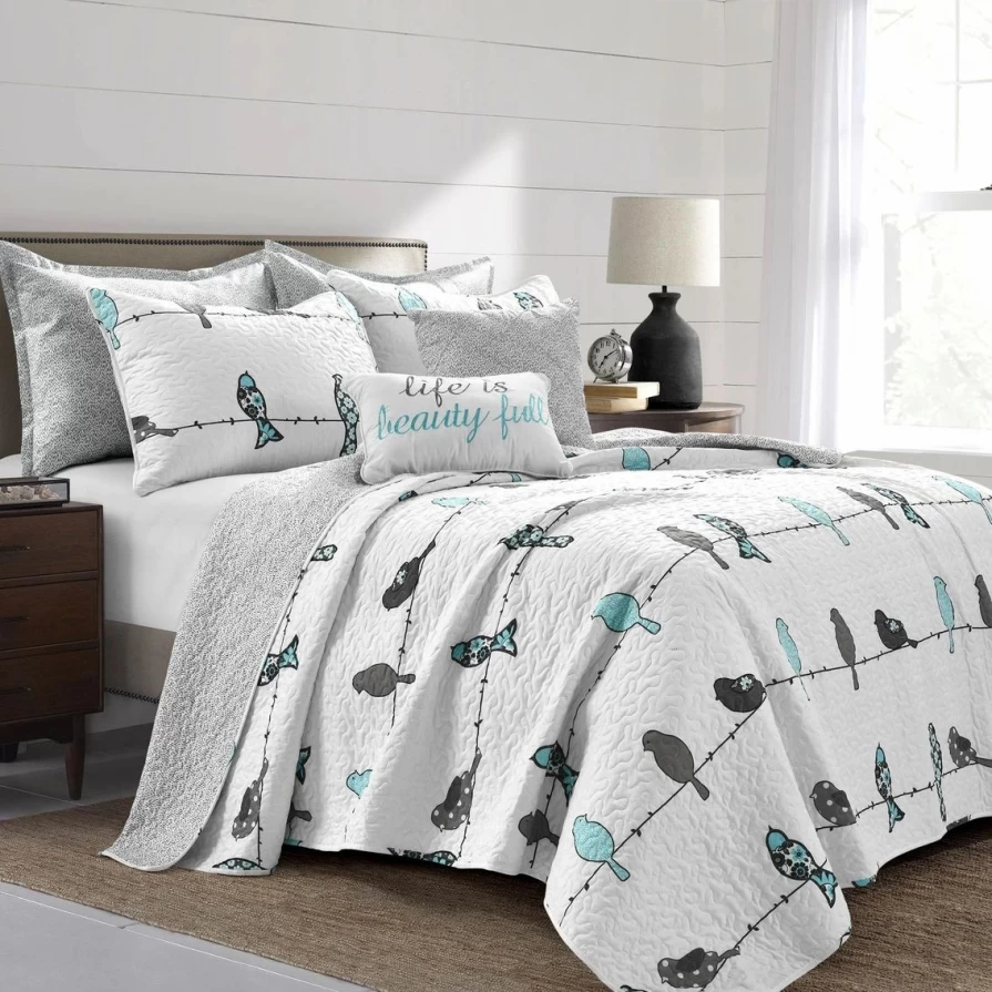 Lush Decor Rowley Birds 7-Piece Quilt Set in Blue and Gray - Affordable Bedding Collection