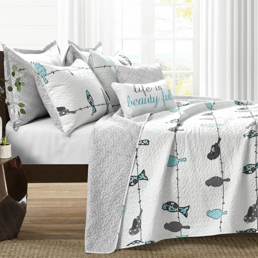 Lush Decor Rowley Birds 7-Piece Quilt Set in Blue and Gray - Affordable Bedding Collection