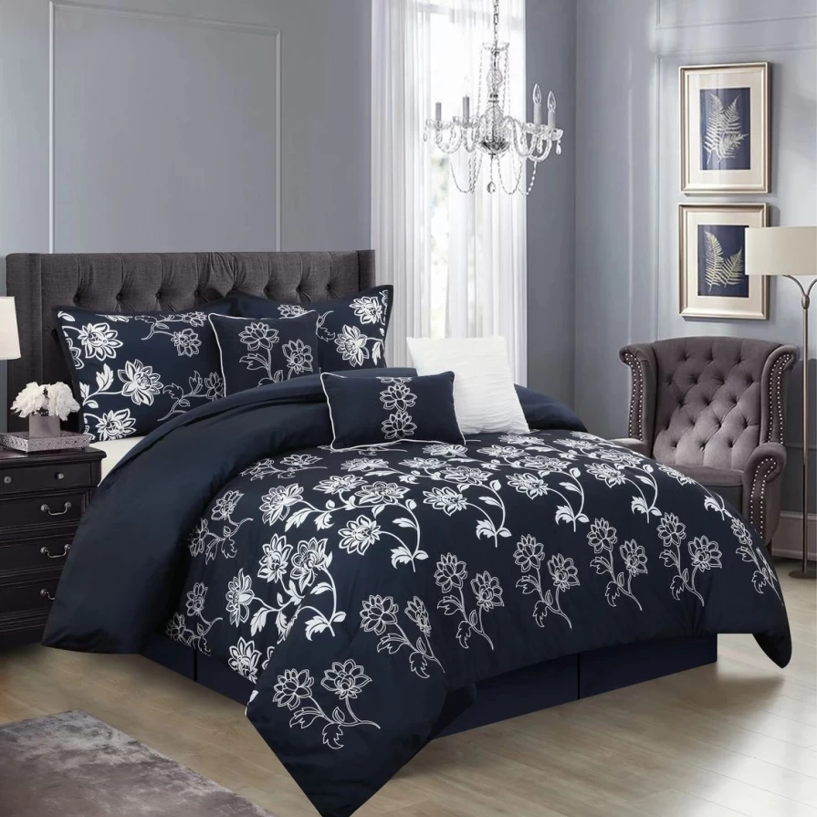 "Calabria Navy Floral 7-Piece Comforter Set - Outlet Grand Avenue Bedding Collection"