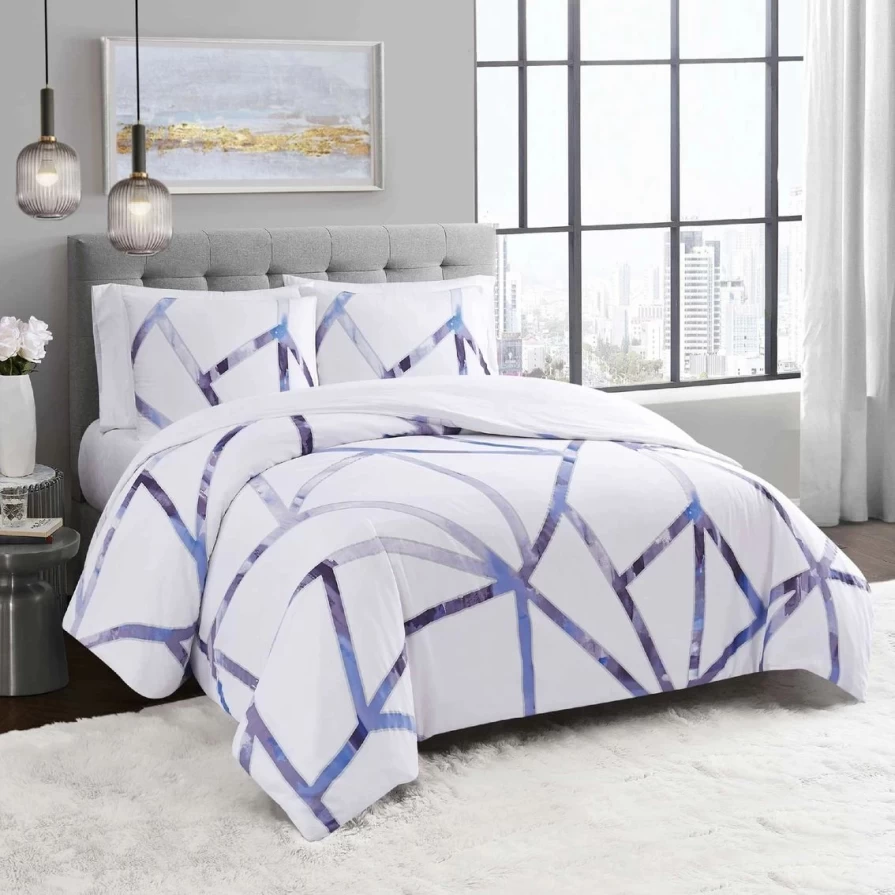 Vince Camuto Obelis Metallic 3-Piece Comforter Set in White & Blue - Luxurious Bedding Collection