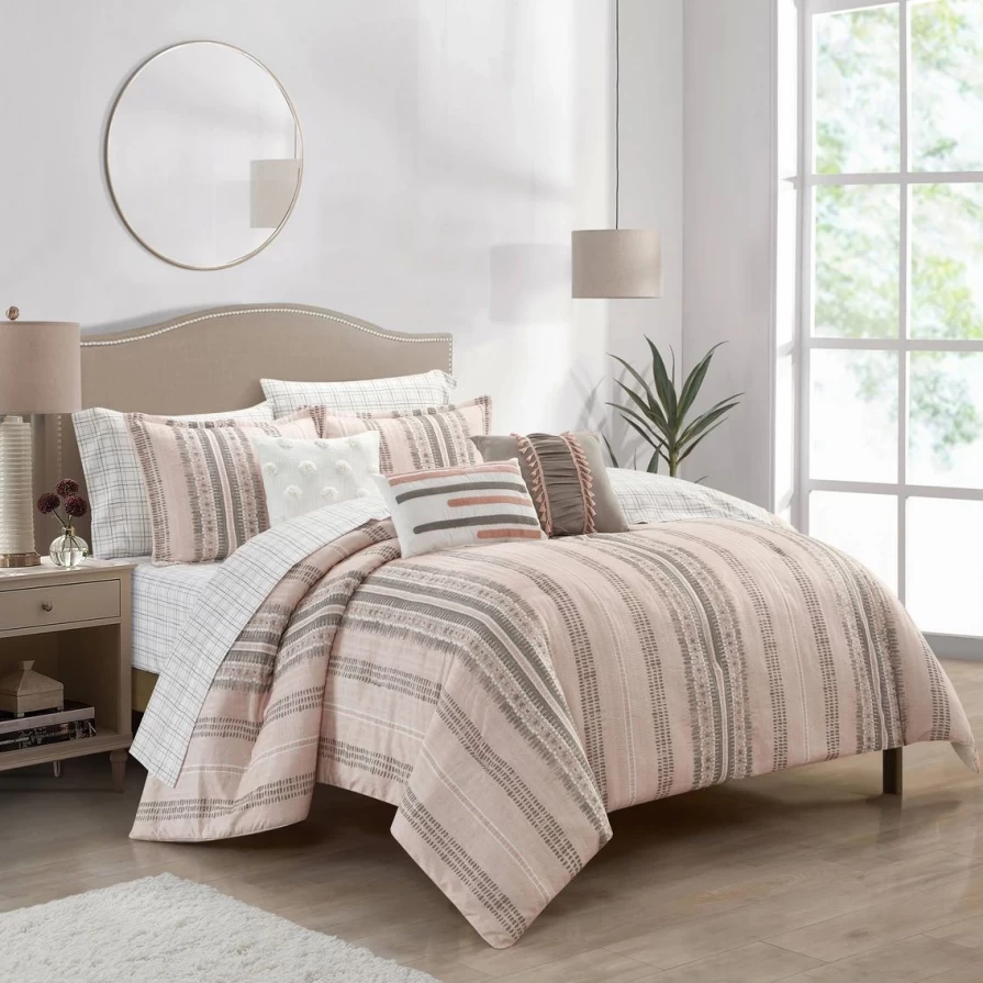 "Luxury Ayla 10-Piece Comforter Set in Blush Striped Design - Grand Avenue Bedding Collection"