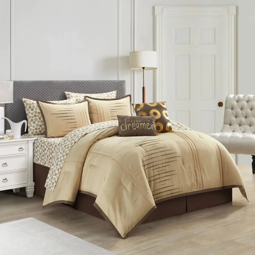 Affordable 10-Piece Dylan Tan Dot Comforter Set - Grand Avenue Home Collection